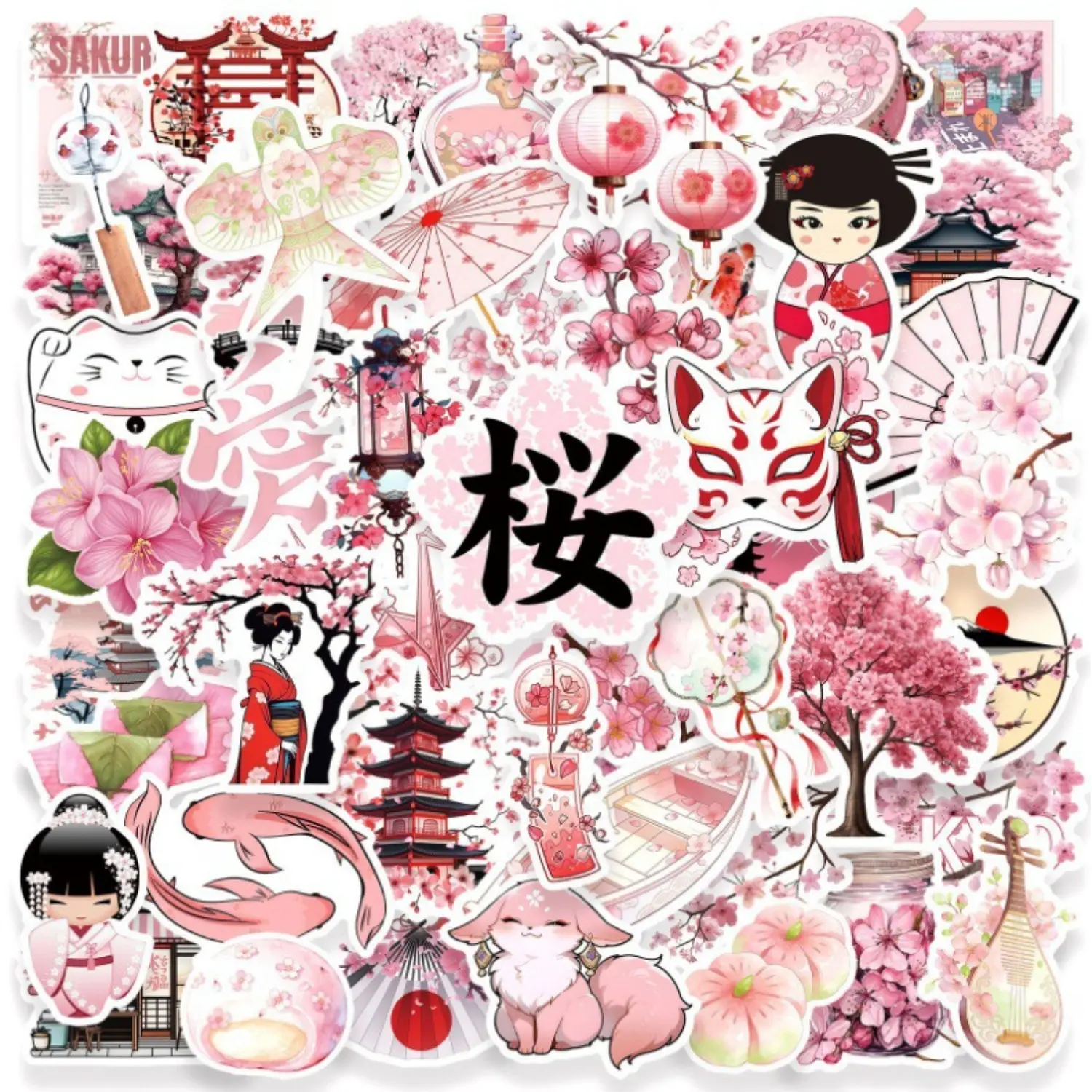 50 Pieces of Pink Cherry Blossom Themed Stickers, Office Supplies Suitable for Decorating Scrapbooks, Journals, Laptops, Water Bottles, Cars and More, Creative Birthday Gifts, Cherry Blossom Decal Set