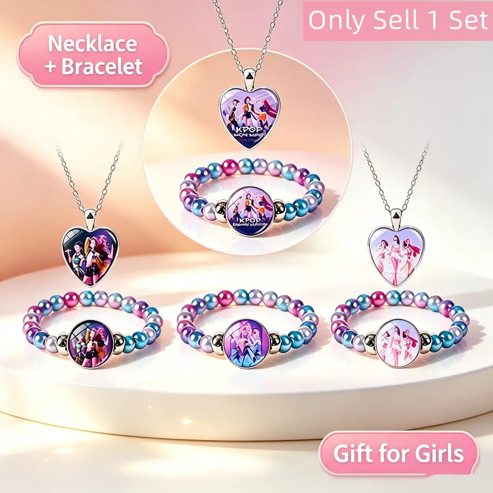 Singing Girl Group Gradient Dreamy Sparkle Bead Bracelet & necklace Set, Anime Witch Idol Friendship Faux Pearl Jewelry, Gift, Sweet Cool Best Friend Pendant Chain, Birthday gift For Girls