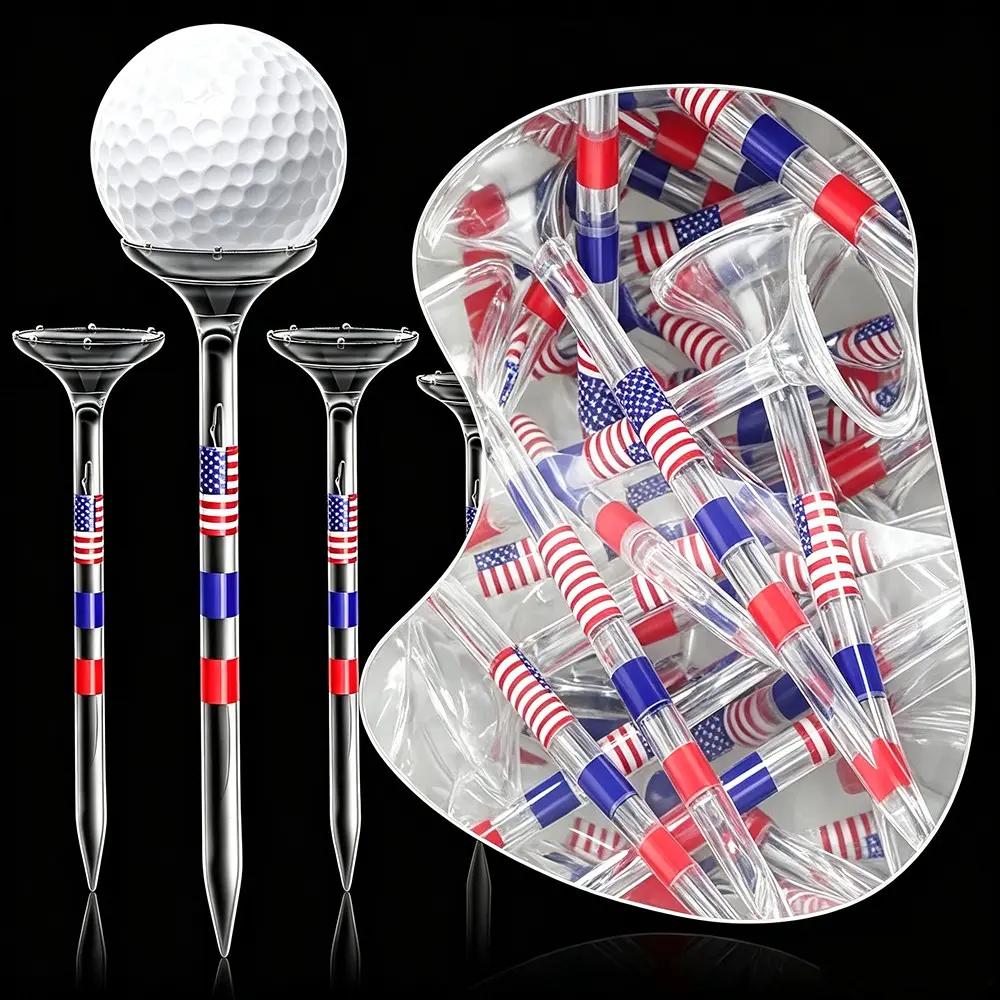 Clear Transparent Plastic Golf Tees Printed With US Flag Pattern, Stable Large Cup Top Design For Firm Golf Ball Placement, Tough Lightweight Reusable Golf Supply Accessories For Outdoor Practice, Tournament Match And Daily Golf Sports Use