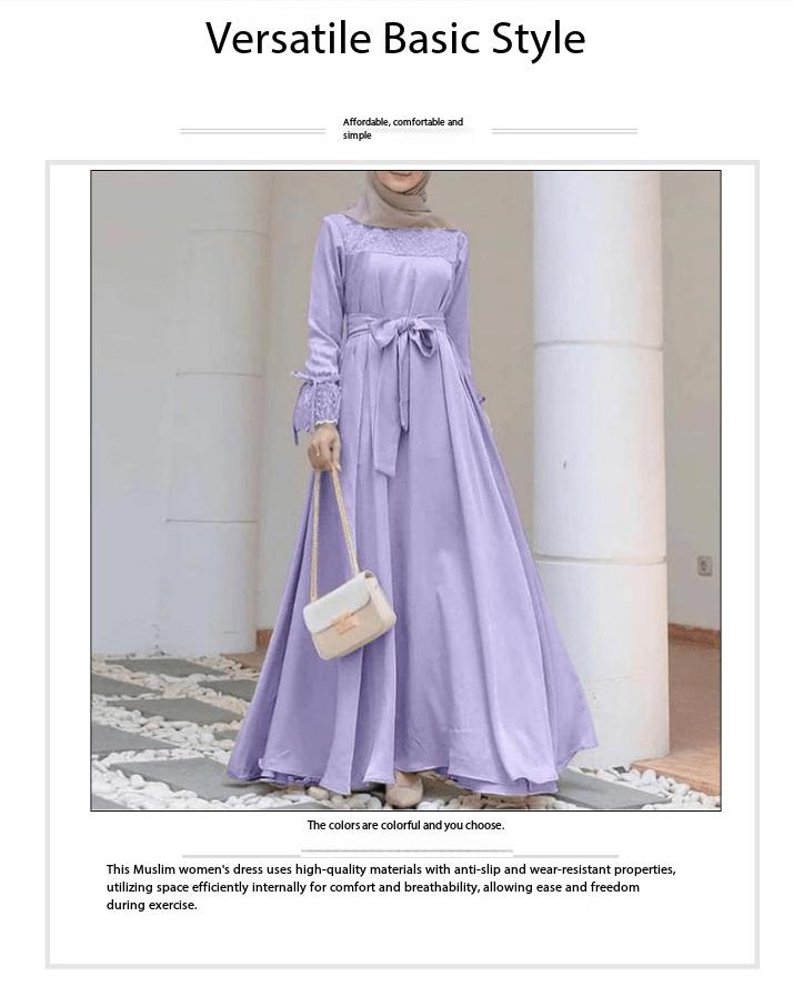 Creative and Elegant Muslim Women'S Long-Sleeved A-Line Dress |   Solid Color Patchwork, Four-Way Stretch, Tie Front Detail, Perfect for Spring, Summer, Autumn Casual Wear