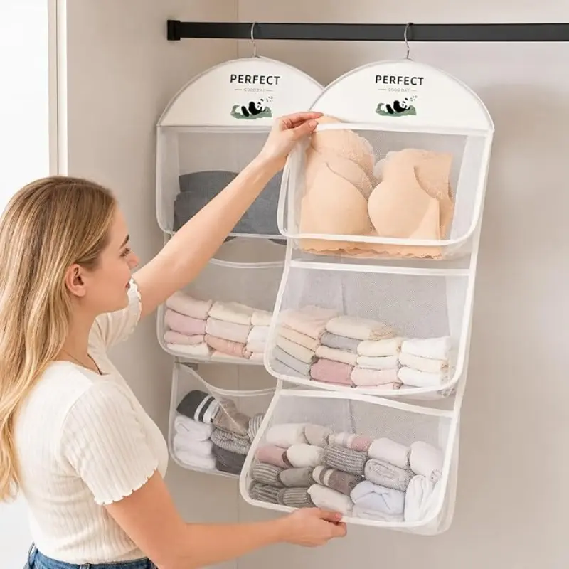 Multi-Purpose Mesh Storage Hanging Bag with Metal Hangers, Ideal for Bras, Underwear, Socks, Hangs on Door, Wall, Closet, Set of 2