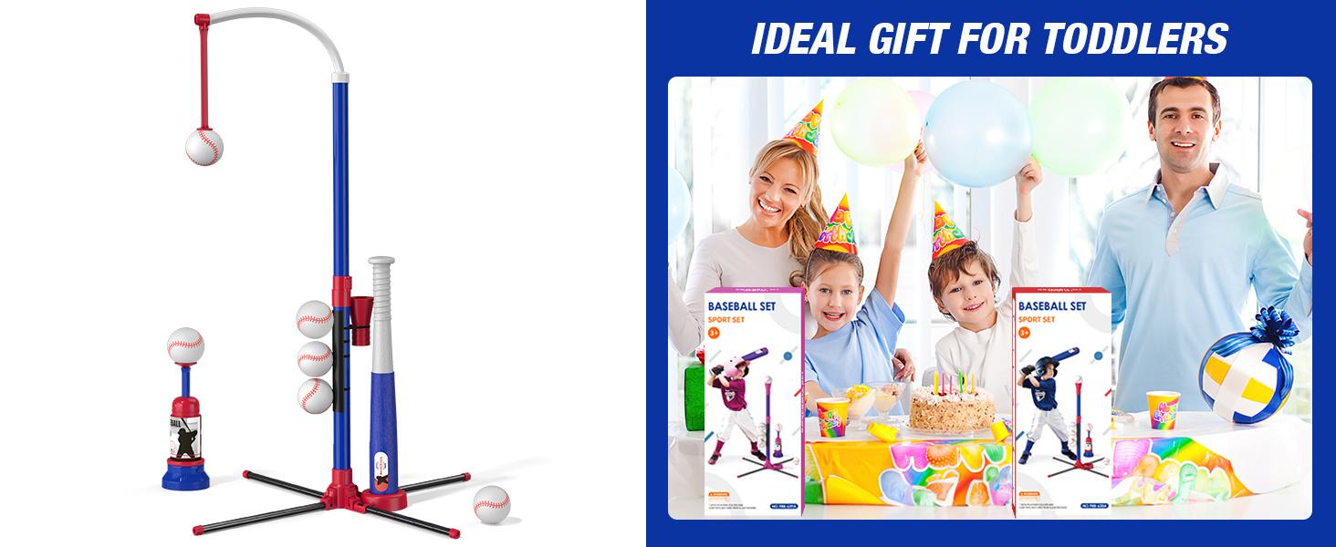 SUNDAY MIRTH 3-in-1 Baseball Set for Kids 3-5 - Tee Ball Stand, Hanging Tee, Ball Launcher and 6 Softballs - Adjustable Height, Indoor/Outdoor Sport Gifts for Boys, Blue