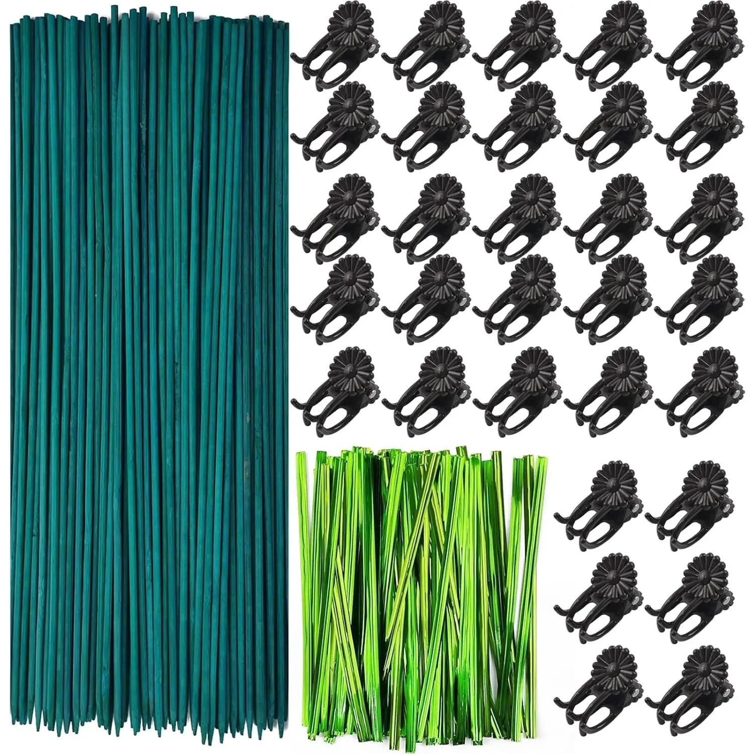 200PCS/Set Bamboo Plant Stakes Kit, 50PCS Orchid Clips with 50PCS 18” Green Bamboo Plant Stakes, 100PCS Metallic Twist Ties for Supporting Stems Vines Stalks Grow Upright (Green)