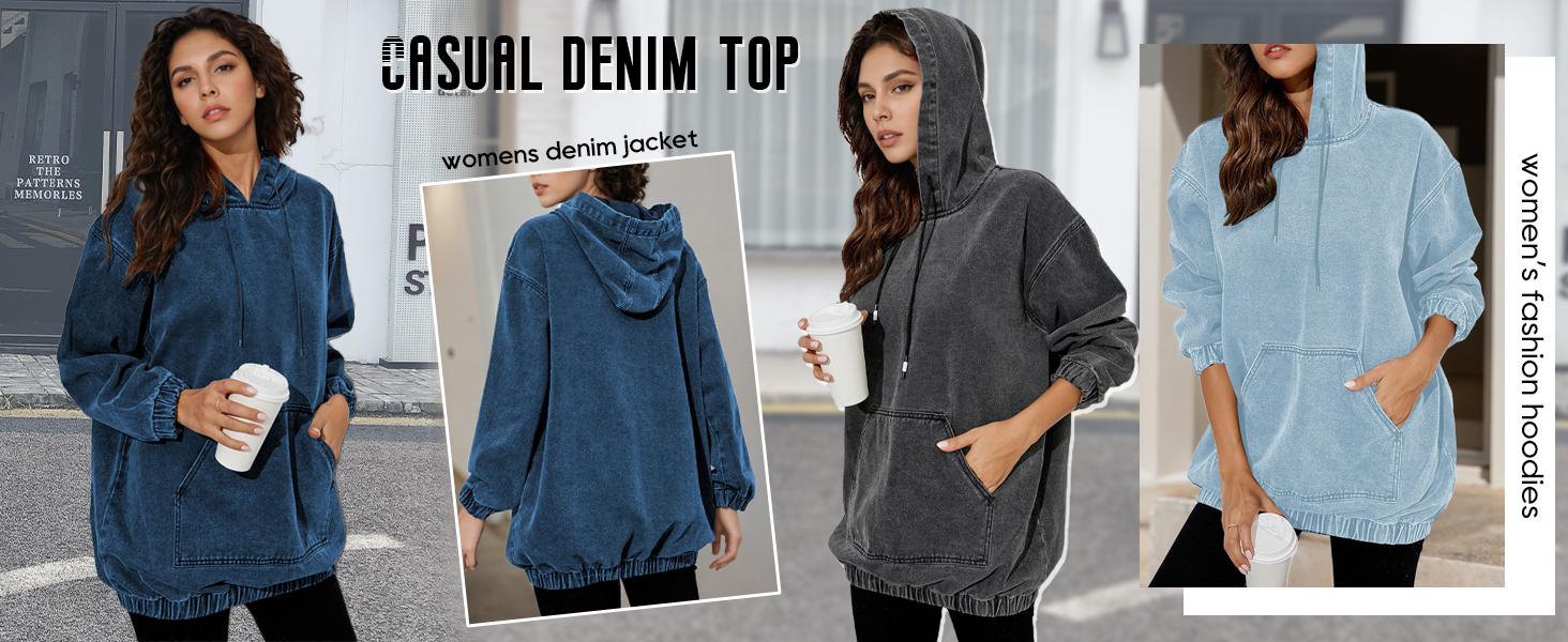 2026 Women's Half Zip Denim Hoodie Pullover Jackets Jean Tops