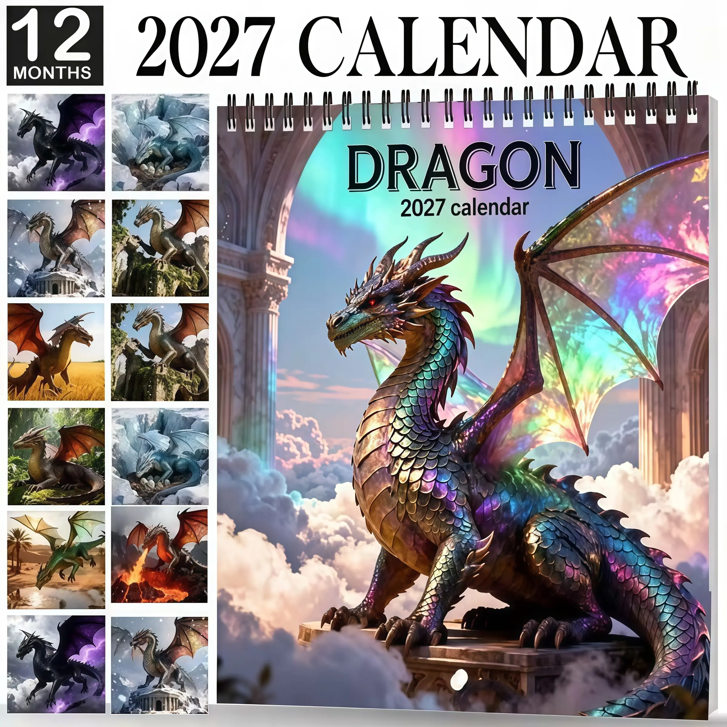 2027 Fantasy Dragon Desk Calendar,12‑Month Mythical Dragon Art Monthly Calendar, Decorative Desktop Calendar for Home Office Game Room, Christmas New Year Birthday Gift for Dragon Lover
