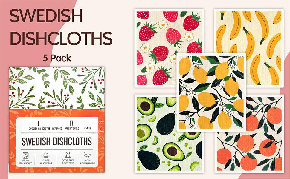 Swedish Dishcloths for Kitchen 5 Pack Super Absorbent Reusable Paper Towels Washable Biodegradable Quick Drying Dishwasher Safe Compact Design Cleaning Wipes