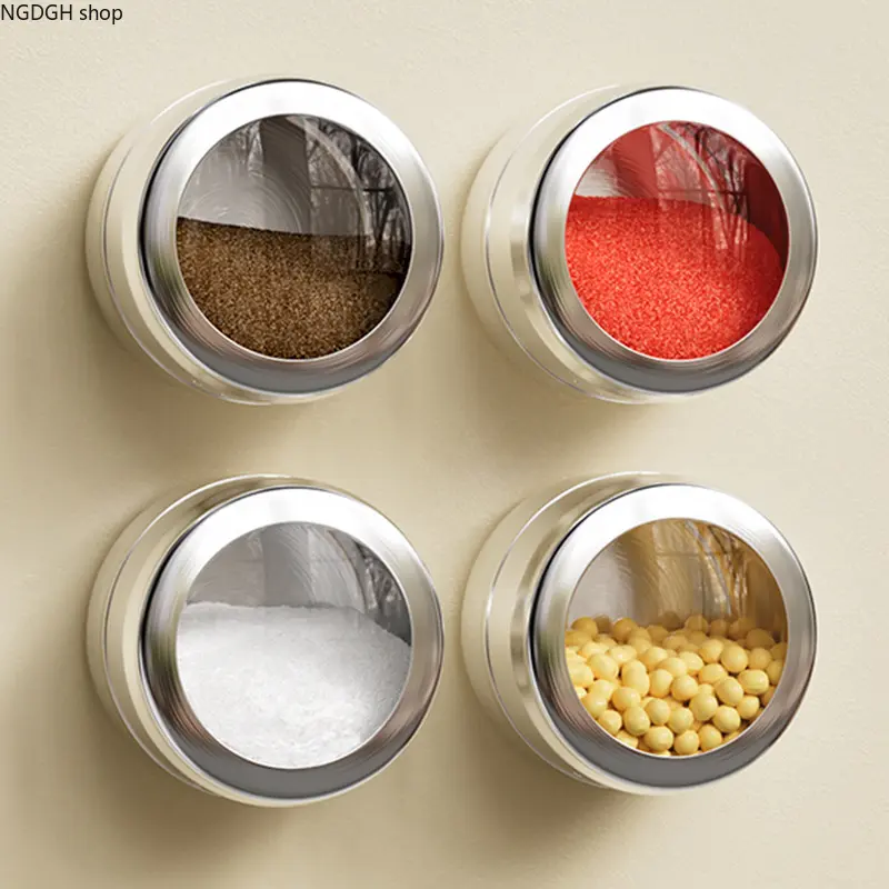 Magnetic Spice Jars - Stainless Steel Wall Mounted Seasoning Containers, Airtight Clear Lid Moisture Proof Kitchen Organizer Farmhouse Storage