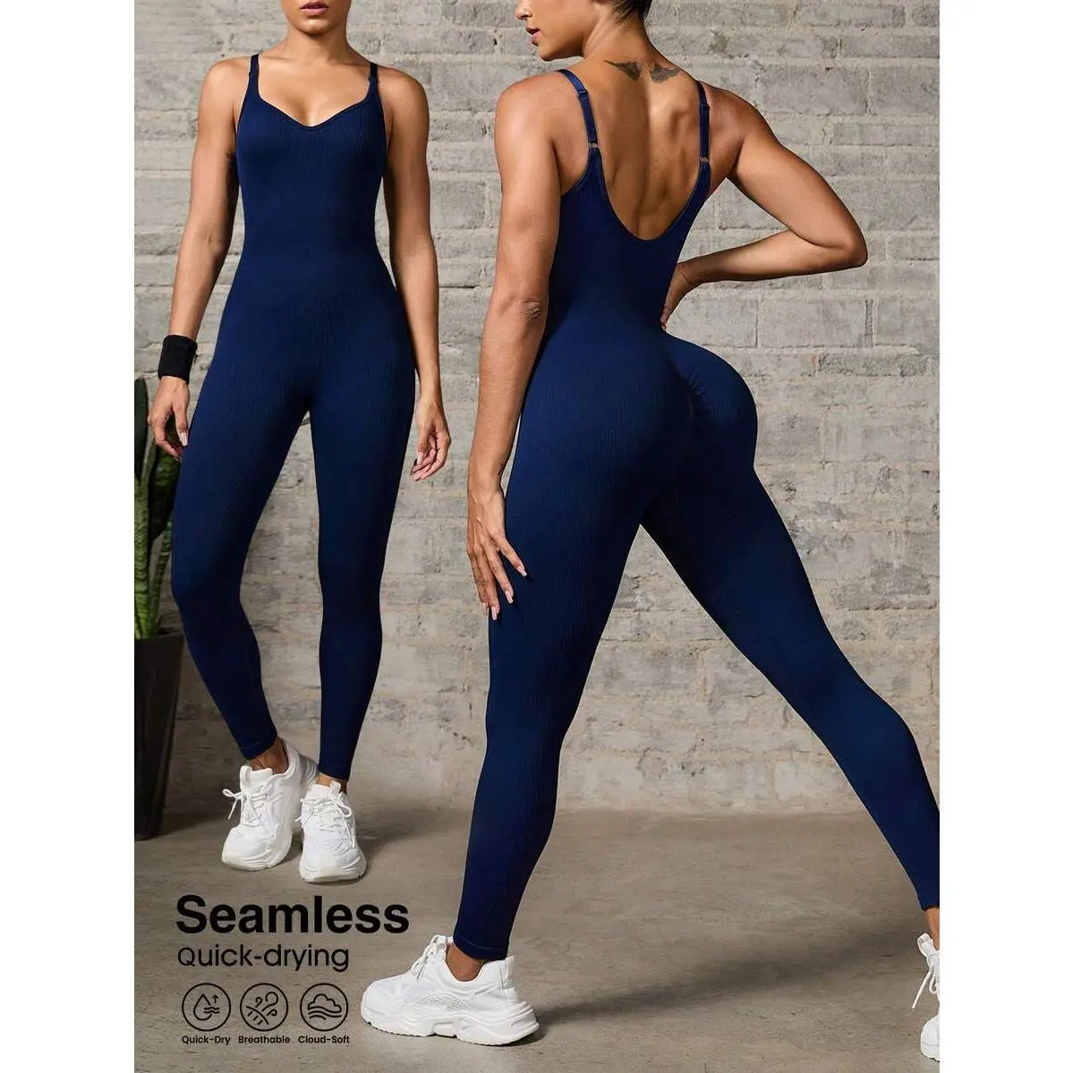 Women's Navy Blue Backless Elastic Spaghetti Strap Jumpsuit,Seamless One Piece Workout Body Suit,Athleisure Gym Fitness Jumpsuit Women,Padded,Tummy,Control