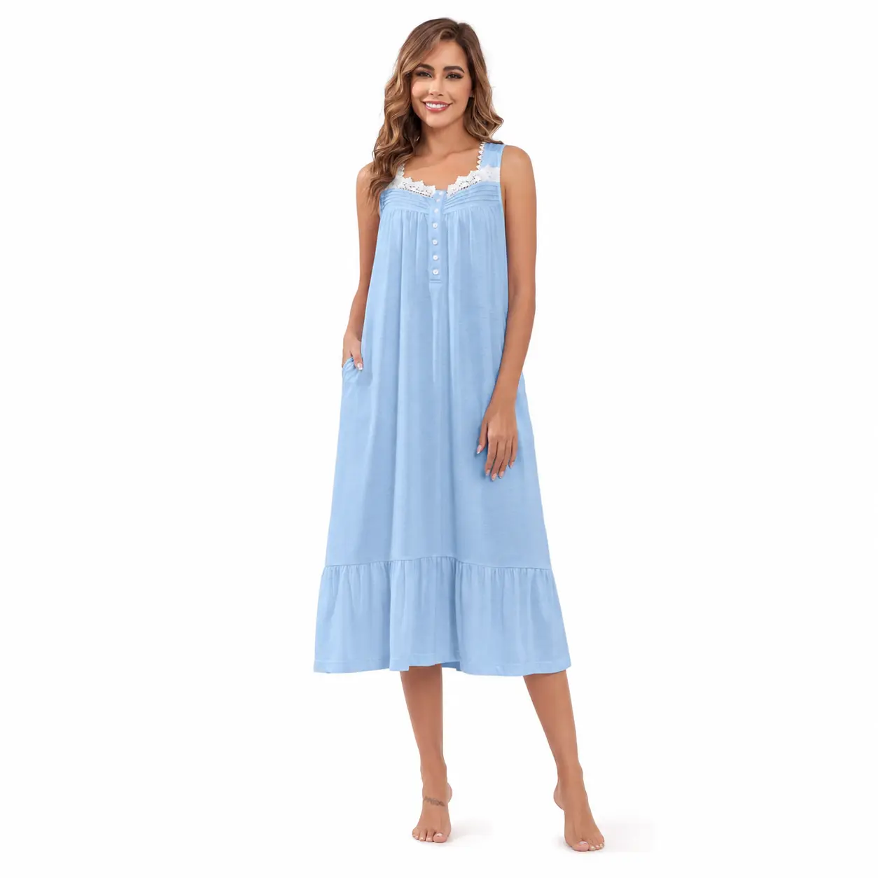 Viakeo Cotton Nightgowns for Women Long House Dress Soft Sleepshirts with Pockets S-3XL
