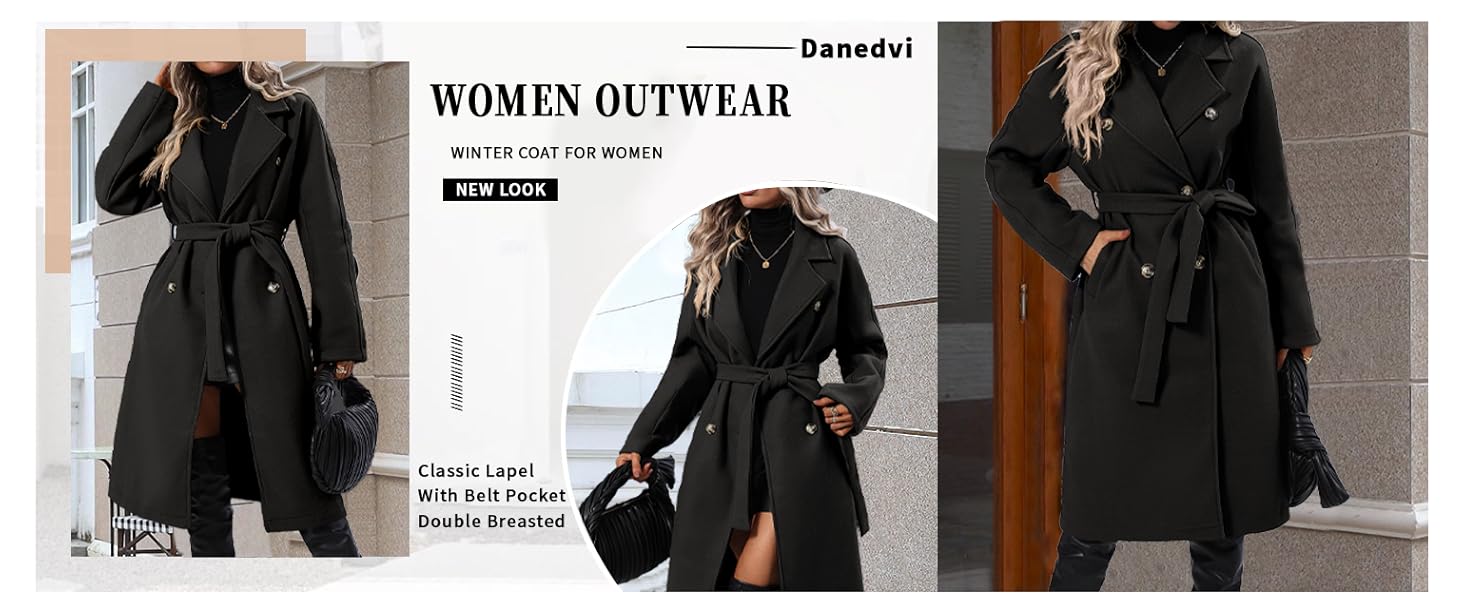 Danedvi Women Elegant Wool Pea Coat Lapel Collar Double Breasted Mid-Long Winter Overcoats with Belted Pockets