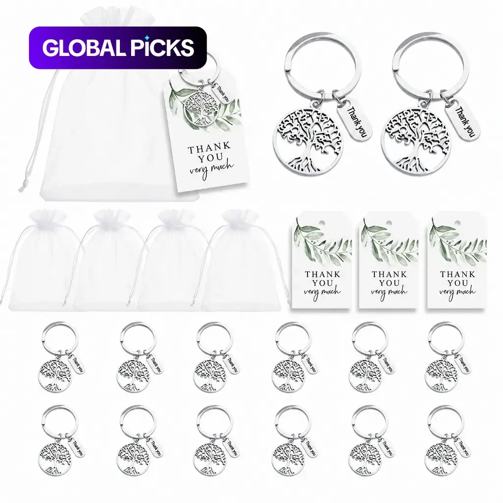 Tree of Life Key Ring Gift Set, 20pcs Leaf Thank You Cards, 20pcs Organza Bags, 20pcs Hollow Metal Keychains, Zinc Alloy Keychain, Thanksgiving, Keychain Accessories #GLOBAL PICKS