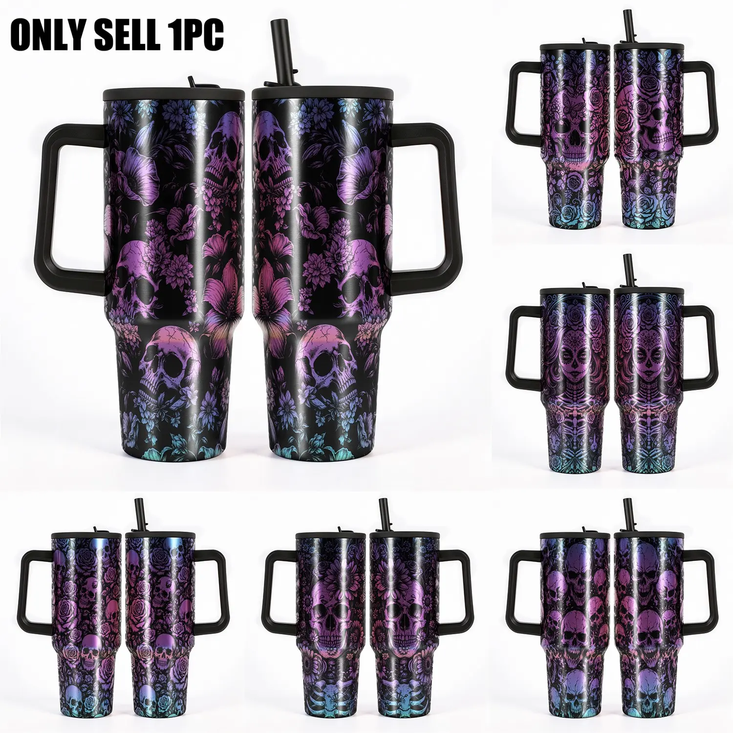 1PC Skull 40oz Leakproof Insulated Tumbler Iridescent Skull Travel Mug. BPA-Free 304 Stainless Steel Skull Tumbler; 20H Cold/8H Hot Insulation, Leakproof Travel Cup with Silicone Non-Slip Base, Drinkware