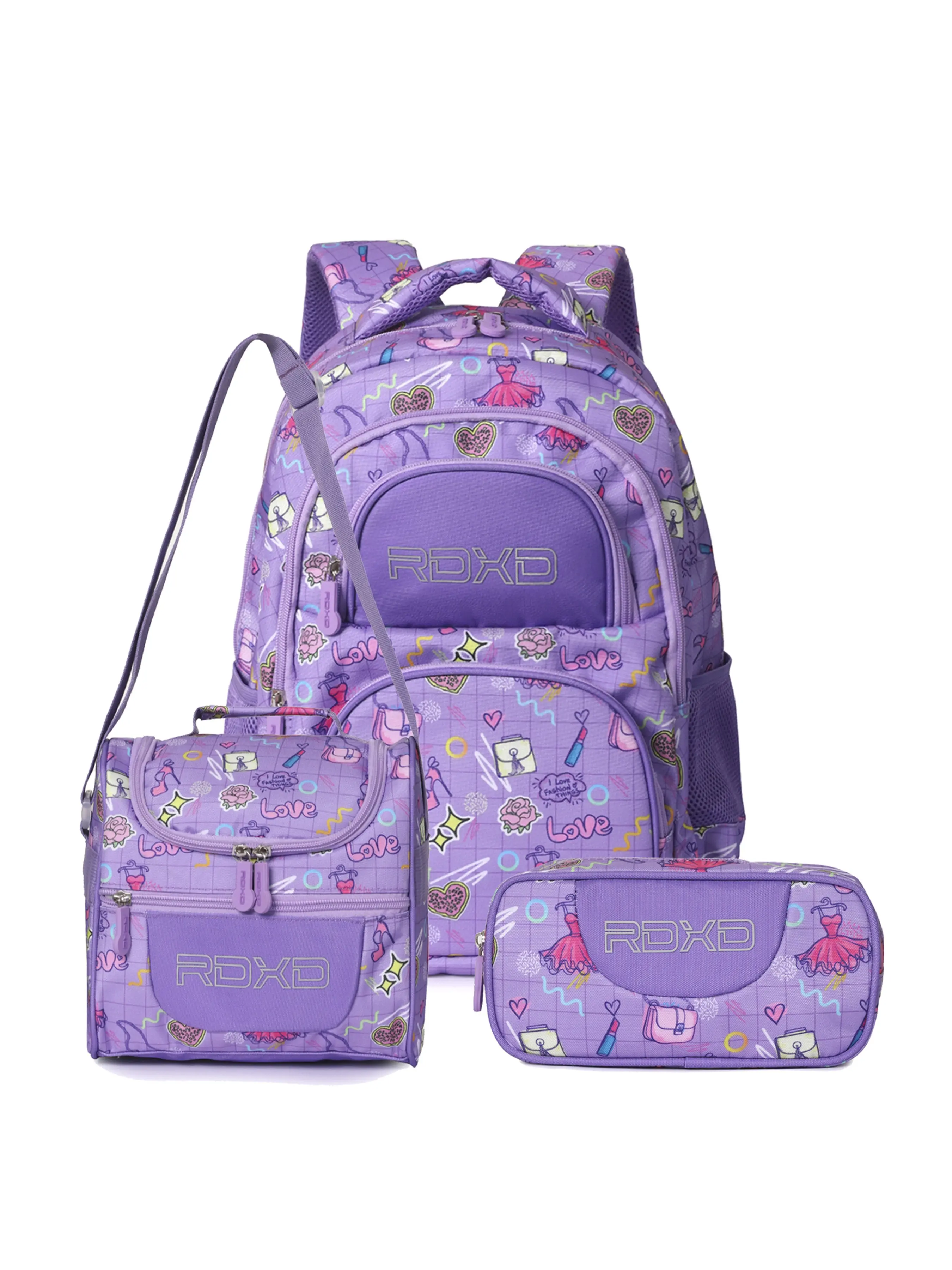 Sweet Princess Graffiti Girls' Backpack Set, Durable Waterproof Oxford Bag, Insulated Lunch Box, Large Pen Case, School Gear
