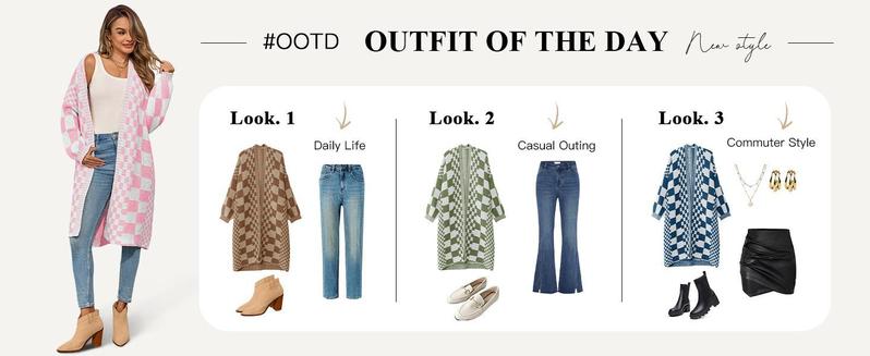 FMEYOA Womens Checkered Long Cardigans Chunky Oversized Open Front Batwing Sleeve Color Block Knit Sweater Coats