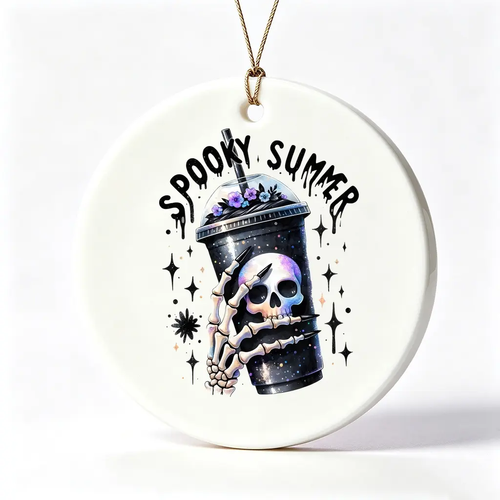 3 Inch, Spooky Summer Style, Ceramic Ornament, Skeleton Hand Holding Starry Drink With Skull Design, Hanging Decor For Home Or Tree
