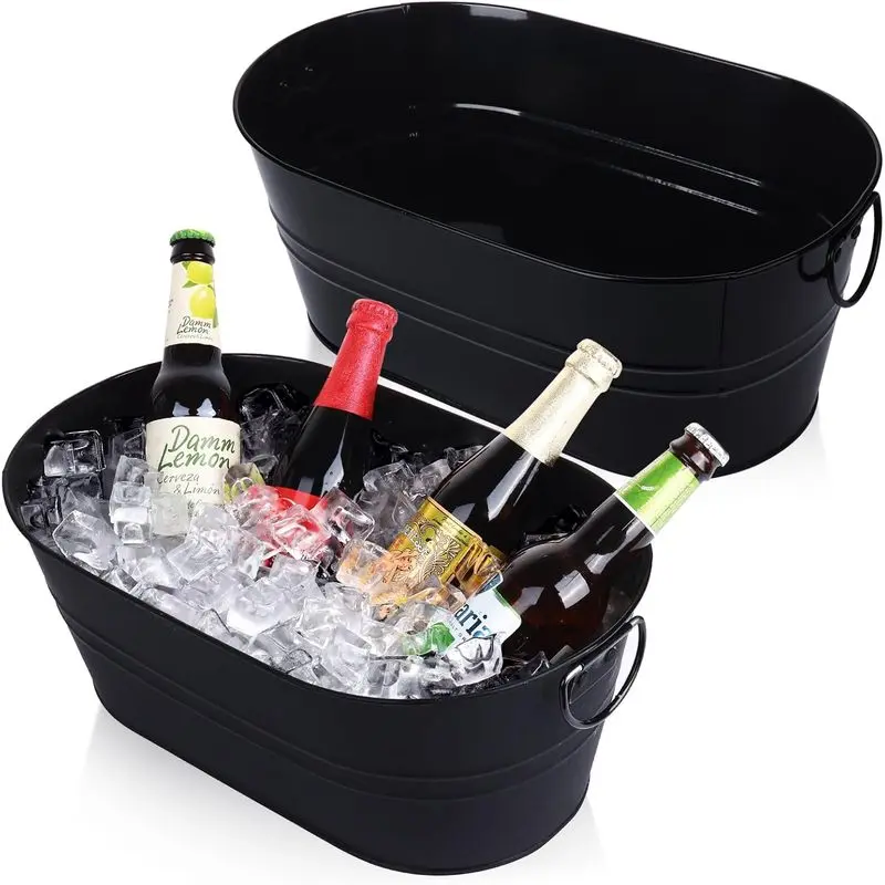 2 Pack 3 Gallon Galvanized Beverage Tubs with Carry Handles, Black IceBuckets for Beer Wine Soda, Party BBQ Wedding Picnic and SummerEntertaining
