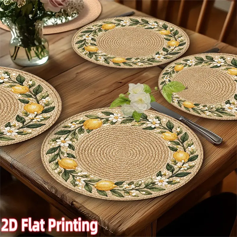 4-Piece 2D Print Place Mats, Mimic Woven Lemon Flower Round Insulating Mat, Bowl Mat, Table Mat, Polyester, Home Decor, Wedding, Party, Table Placemats