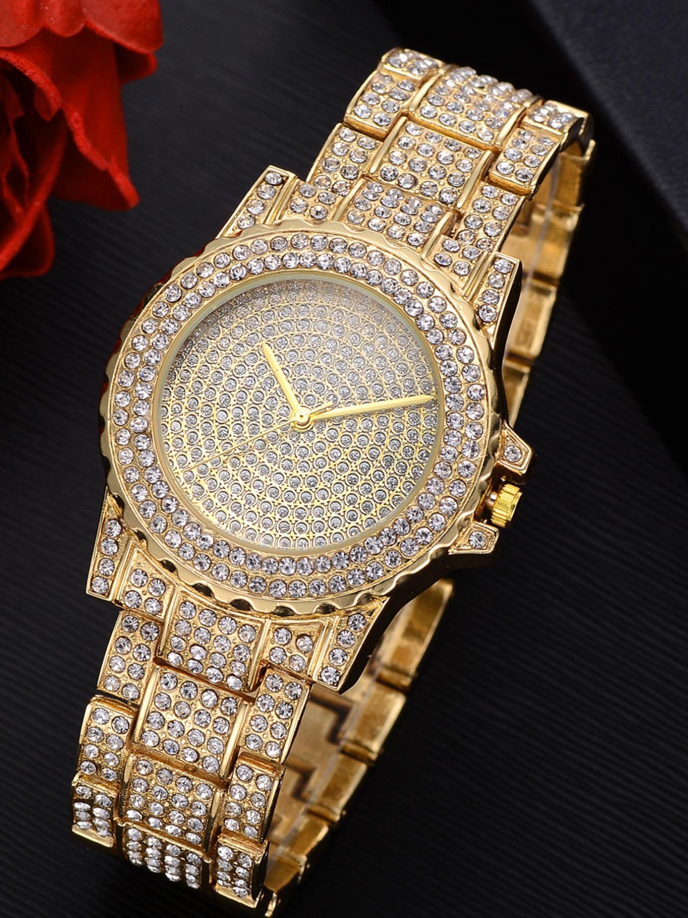 Men's Luxury Rhinestone Decorated Watch & Jewelry Set, Including Round Dial Analog Quartz Watch & Cuban Chain Bracelet & Necklace, Fashion Watch Set for Party, Daily Decor, Exquisite Watch Set for Gift