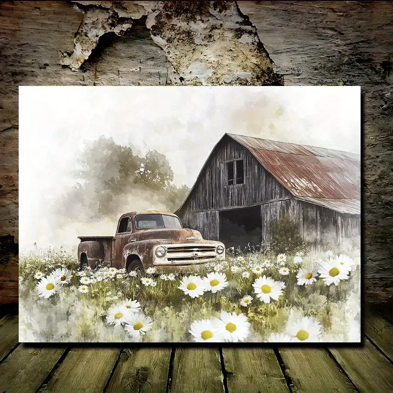 2D Flat, 2D Flat, 2D Flat Wooden Framed Oil Painting on Canvas, "Rural Barn": Featuring a Rustic Barn with Weathered Walls And an Old Pickup Truck Covered in Daisies, Suitable for Wall Decoration, Size 11.8Inch X 15.7Inch, Wall Decor