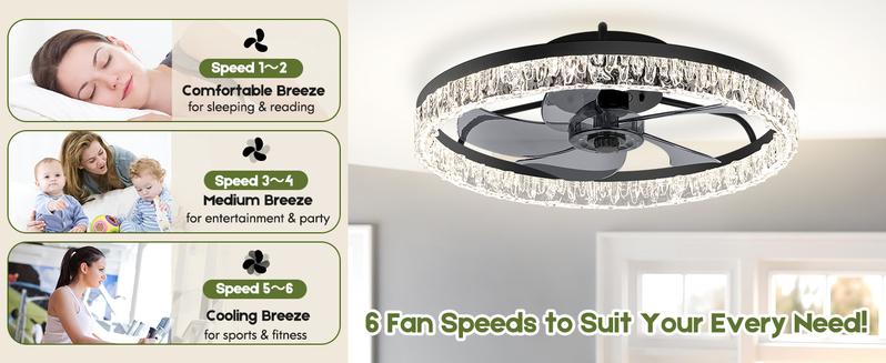 Ceiling Fans with Lights and Remote, 20'' Low Profile Ceiling Fans, 3000K-6500K Dimmable Modern Flush Mount LED Ceiling Fan, 6 Wind Speeds, Fandelier Ceiling Fan with Lights for Bedroom