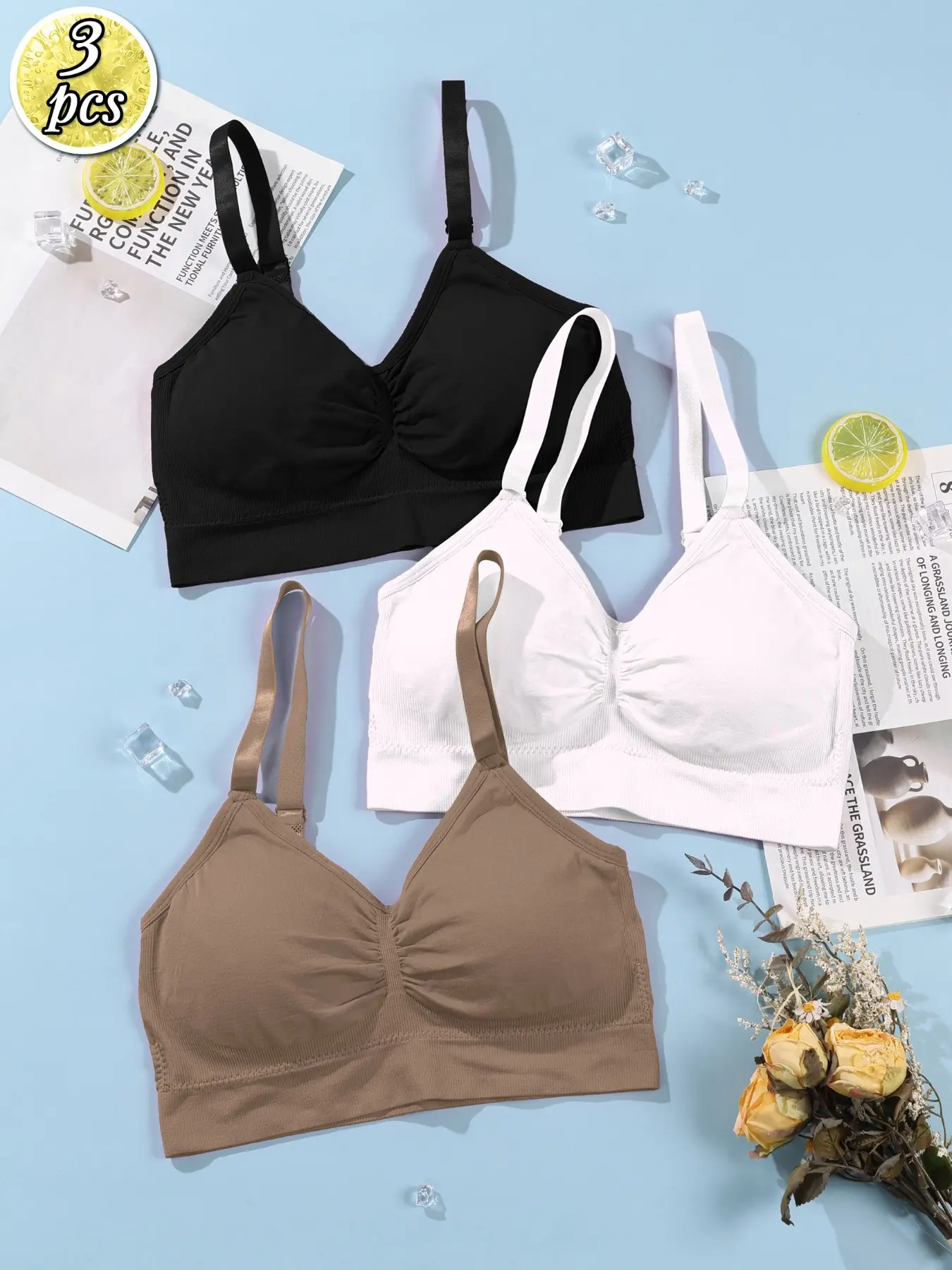 3 Pack Basic Ruched V Neck Ribbed Wireless Bralette, Adjustable Thin Shoulder Straps Removable Pads Soft Stretch Everyday Layering Lingerie For Women
