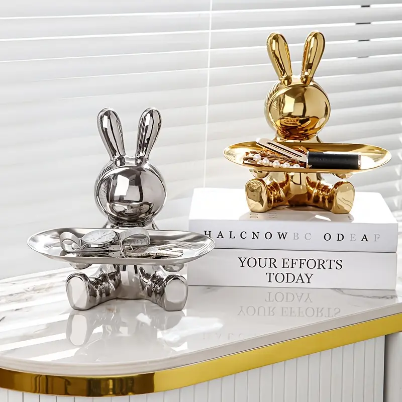 Electroplated Ceramic Rabbit Storage Ornament - Modern Nordic Door Accessory, Entrance Key Tray, Non-Food Contact Home Decor Collectible Figurine, Collectibles