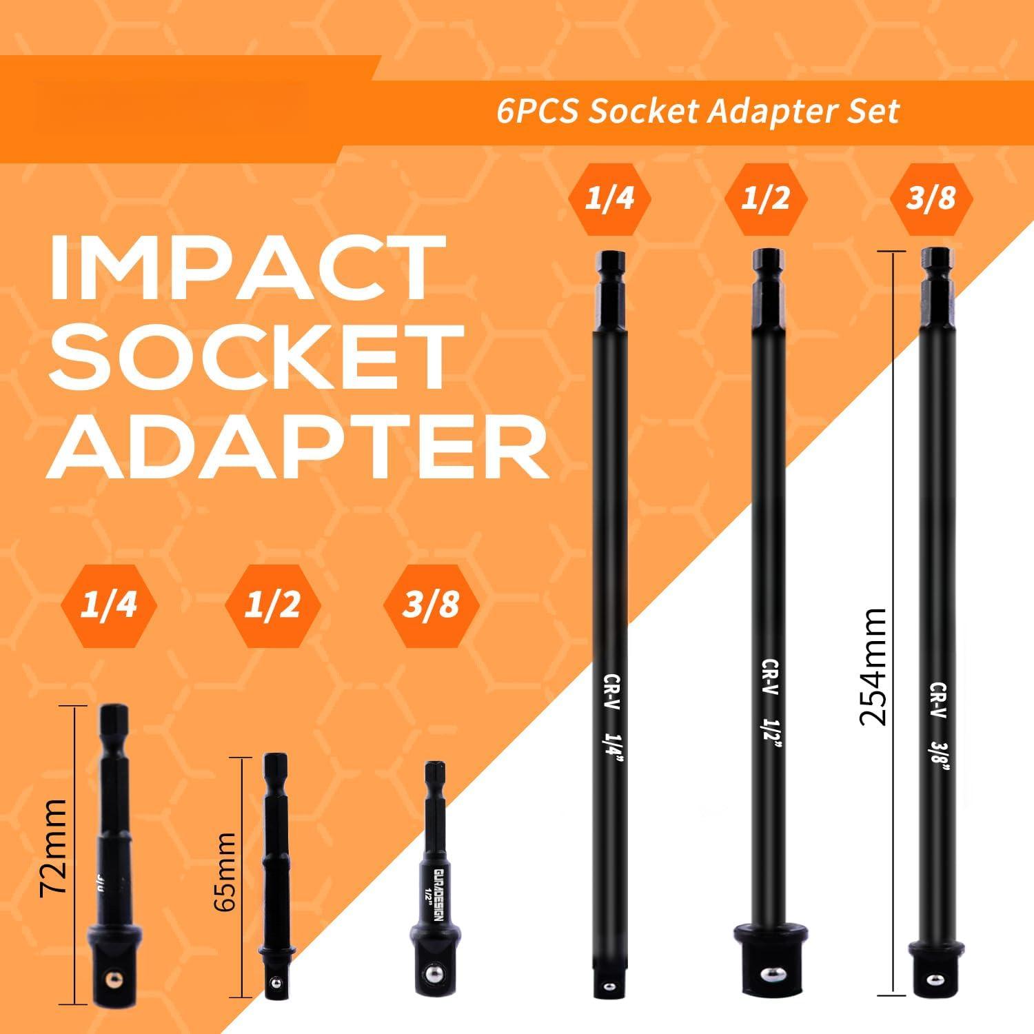 10" Long Impact Socket Adapter Set for Drill 6-, 10" and 3", Impact Grade Power Drill Sockets Adapter Set, 1/4", 3/8", 1/2" Hex Shank Impact Driver Socket Adapter.