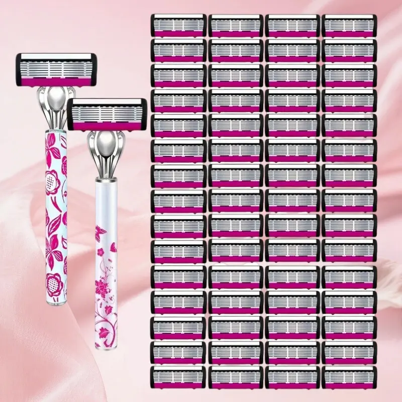 Women Manual Razor Set with Extra Replacement Blades, 5 Layers Blade Portable Safety Shaving Razor for Leg Underarm Bikini Body Hair Removal