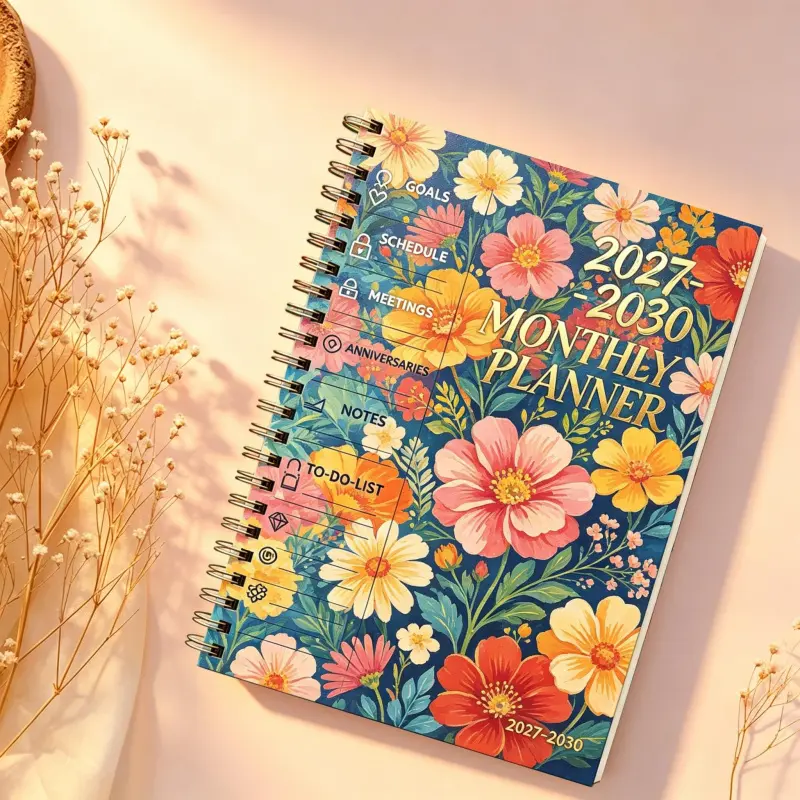 2027-2030 Monthly Custom Calendar/Planner - From January 2027 to December 2030, four-year monthly custom calendar, colorful floral-themed cover diary, yearly calendar planner with month tabs, 48-month calendar, 13.97 x 21.08 cm thickened paper, elastic co