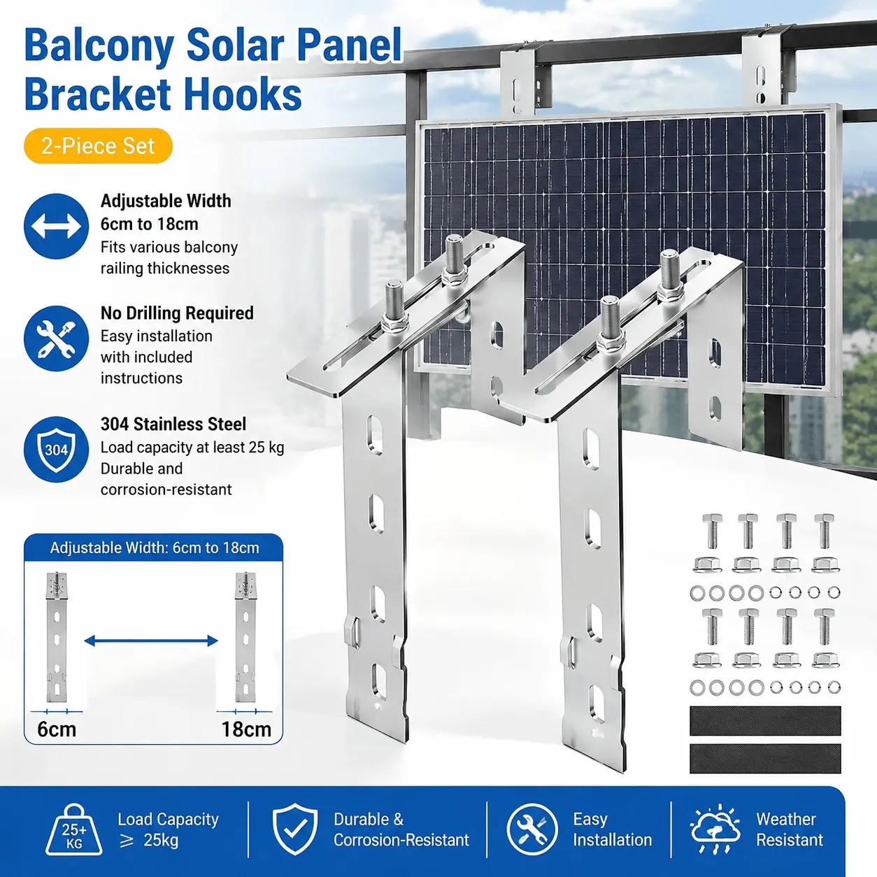 No-Drill Solar Panel Hooks for Square Balcony Railings, 2-Pack, Rustproof, Damage-Free, Easy Installation, Home & Terrace PV System