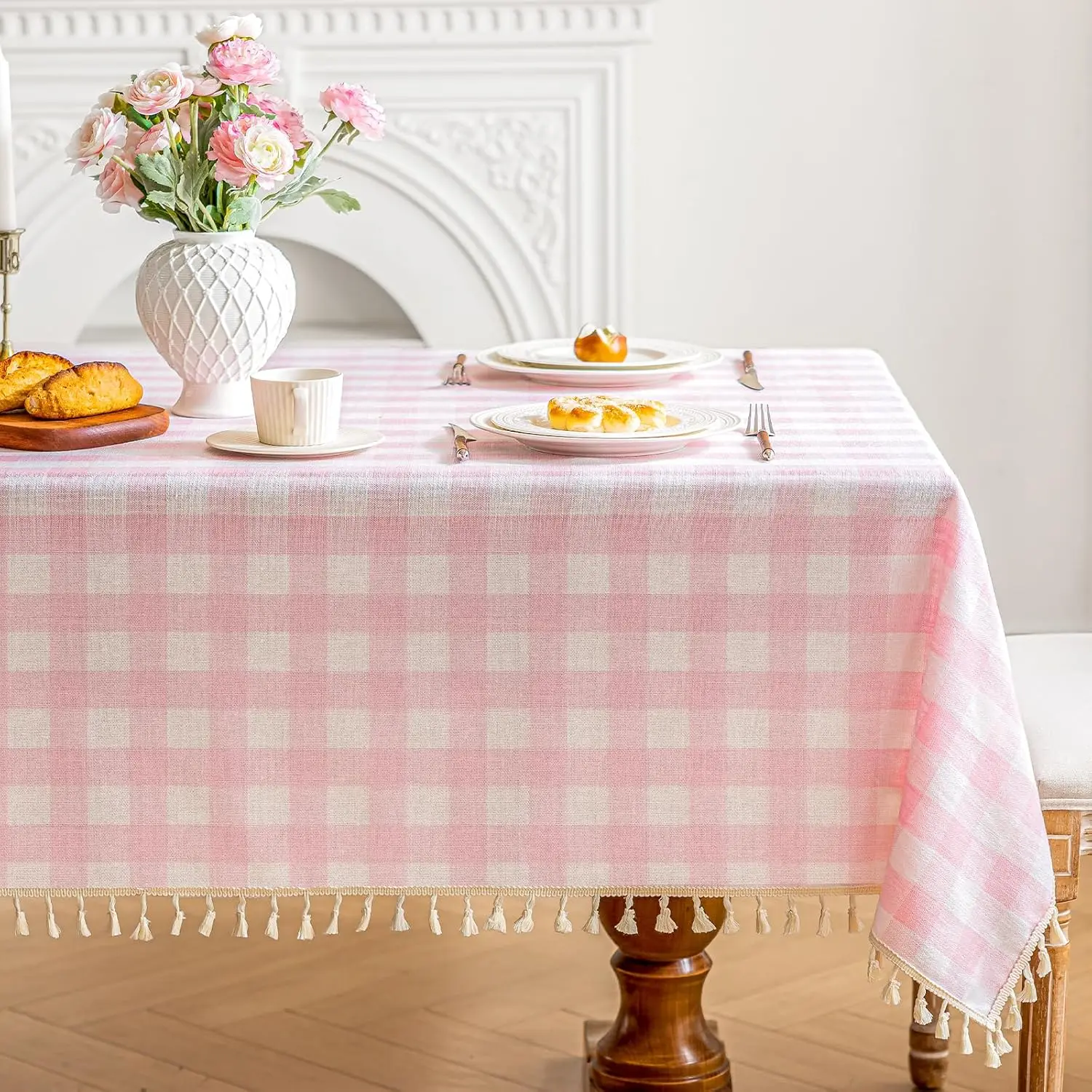 Checkered Tablecloth Rectangle Cotton Linen Gingham Table Cloth with Tassel Washable Wrinkle Free Heavy Duty Buffalo Plaid Table Cover for Dining/Party/Picnic (Pink, 55" x 55" (Square))