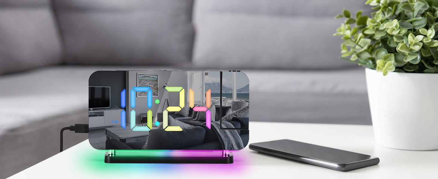 STANDARD GOODS 3C9--MPP024   Projection Alarm Clock, 7.4 in Digital Mirror Clocks,with 180° Rotatable Projector, RGB Night Light,USB C Charger Port, Auto Dimmer, LED Desk Clock for Bedroom - Black