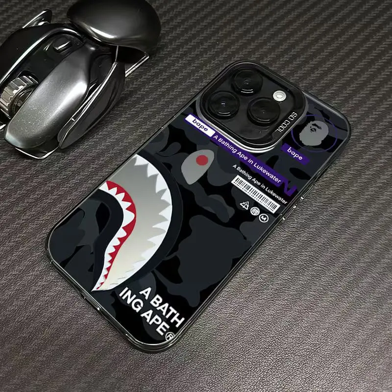 Bape Shark Camo Phone Case A Bathing Ape Streetwear Black Camouflage Print Shockproof Glossy Protective Cover For iPhone 17 16 15 14 13 12 11 Pro Max Trendy Hip Hop Fashion Phone Shell Gift For Men Teen Boys