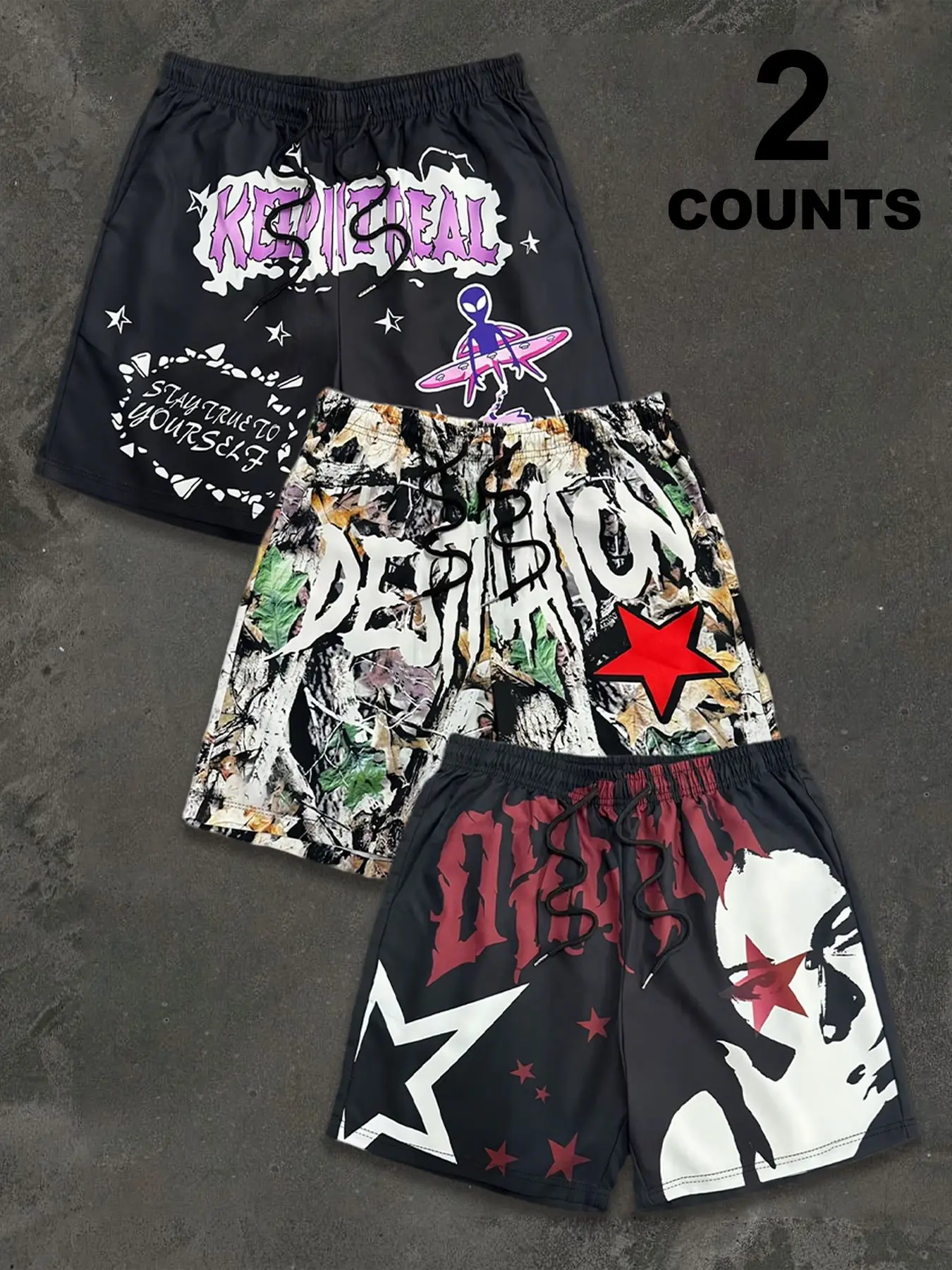 Dark Street Style 3-Piece Shorts Set, Gothic Graffiti Print, Loose Mesh Breathable Fit, Perfect for Daily Wear, Sports, Trendy