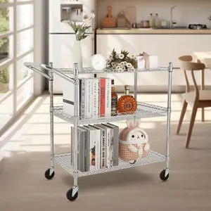 Heavy Duty 3-Tier Rolling Utility Cart, commercial steel construction. Comes with adjustable height handle, versatile mobile storage for office use