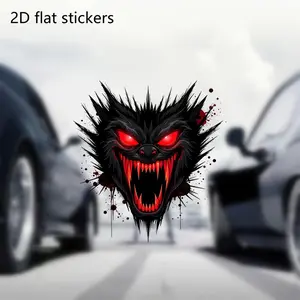 2D Flat Sticker- Majestic Black Wolf Design, with bright red eyes and sharp teeth- Perfect for use on laptops, vehicles, and other surfaces- Decals for Vehicles
