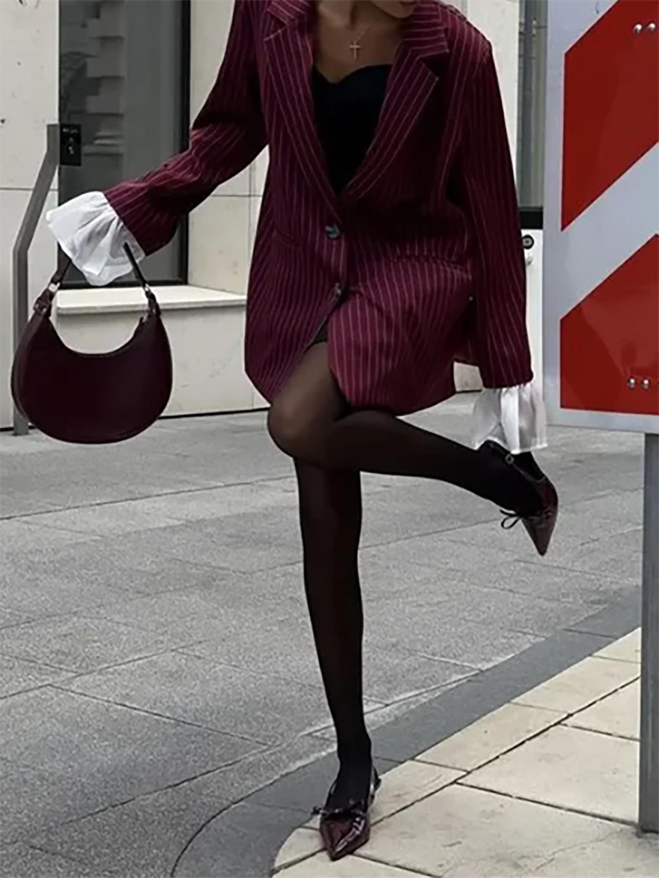Women's Autumn New Fashion Striped Lace Flounce Sleeve Casual Blazer Jacket, Elegant Design, Perfect for Daily Wear, Fitted