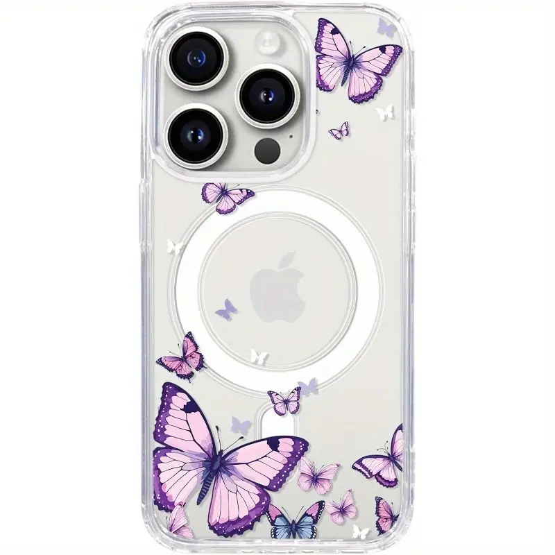 [Purple Butterfly Phone Case] Phone case: Purple Butterfly Pattern Transparent Magnetic Phone Case, Compatible with Apple iPhone 16 15 14 13 12 11 Pro Max Models, Made of TPU Material, Christmas Gift, New Year Gift, Easter Gift, Halloween Gift
