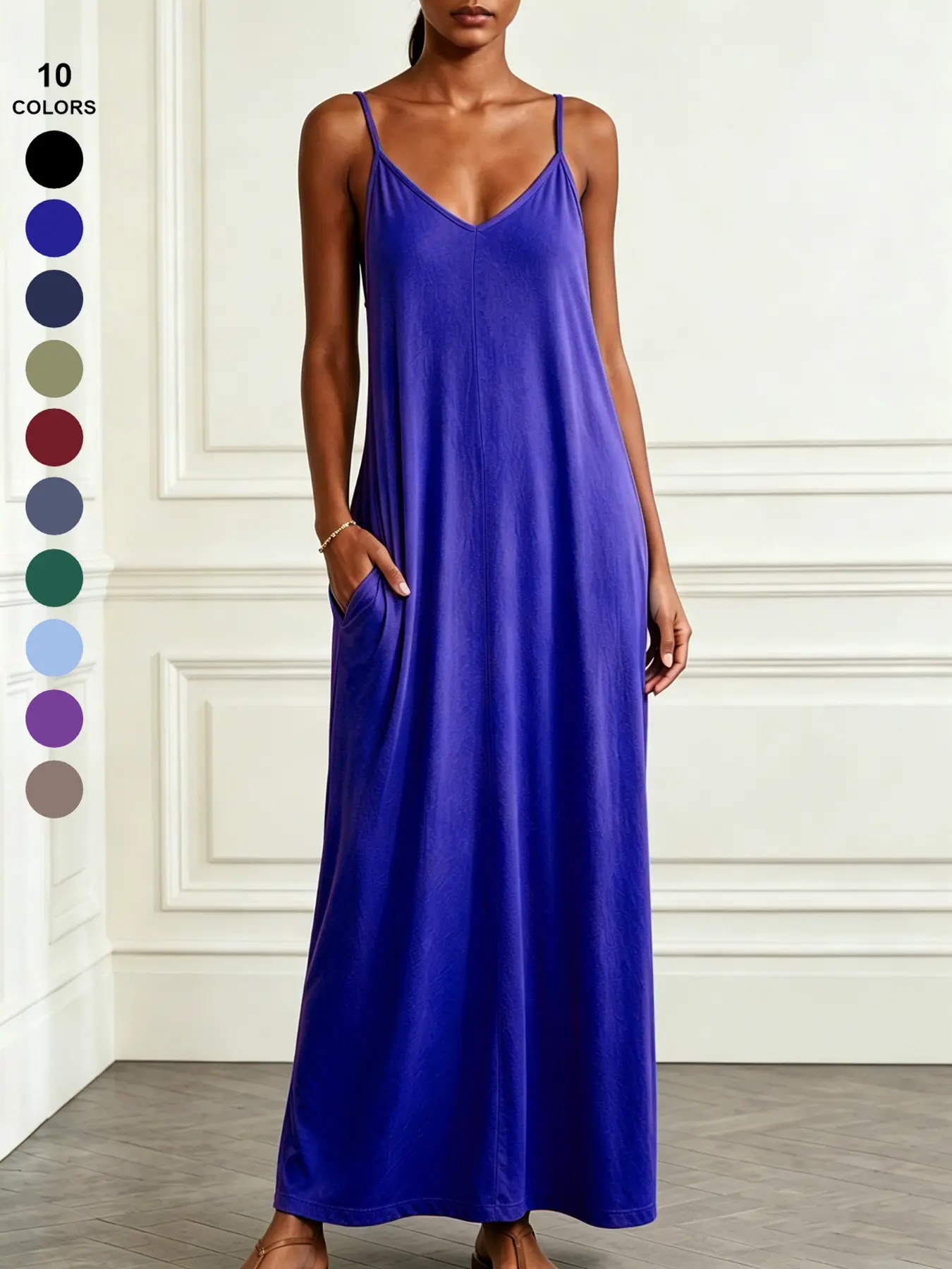Women's Casual Loose Fit Long Dress, Summer Spaghetti Strap Sleeveless V-Neck Striped Sexy Dress with Pockets, Perfect for Beach, Vacation, Travel, Womenswear
