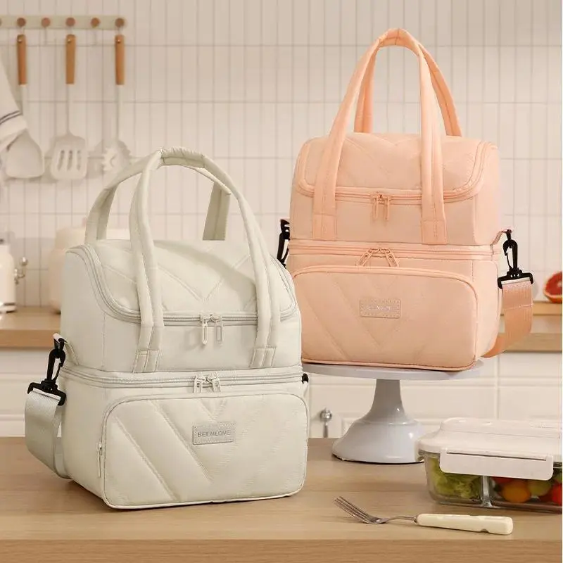 Fashionable Popular Double-layer Lunch Bag, Large Capacity, Waterproof Lunchbox Bag, Camping Tote, Shoulder Insulated Bag