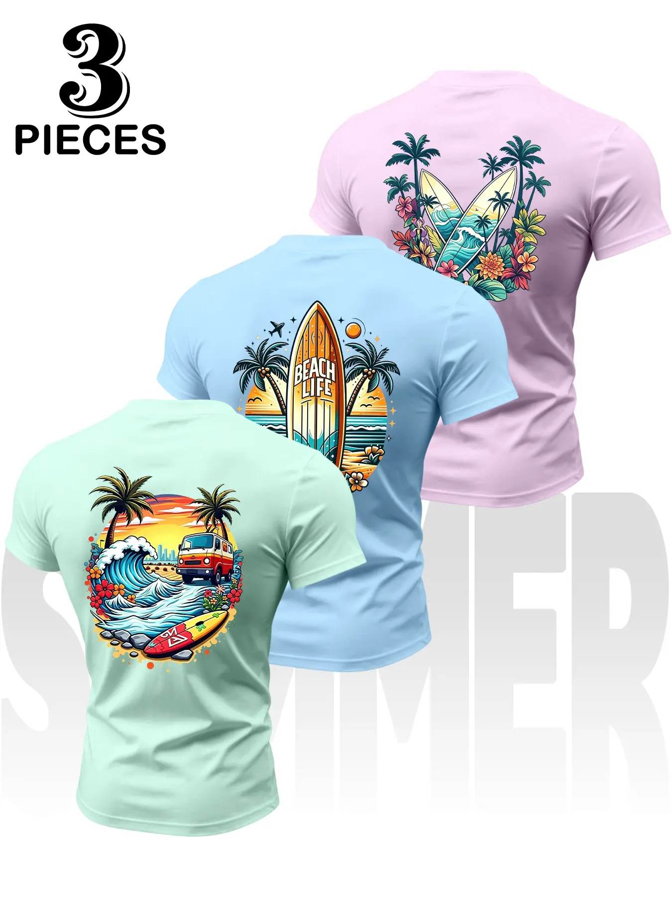 3-Piece Surf Style Print Graphics Men's Short Sleeve Set, Vintage Beach Travel Theme Loose Fit, Couples Summer Casual T-Shirts