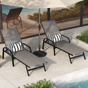 Set of 2 Outdoor Lounge Chairs – 5-Position Adjustable Reclining Patio Chaise with Breathable Textilene Fabric, Collapsible Design, Curved Armrests, Sturdy Metal Frame – Khaki Grey
