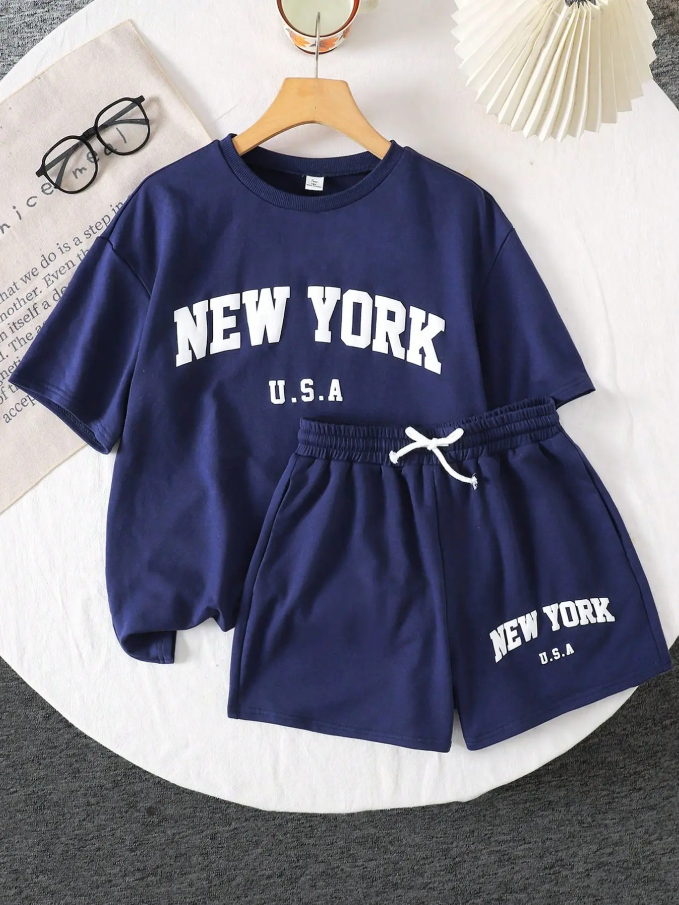 Teen Girls Summer Comfortable Casual New Style Breathable Knit Fabric New York Letter Print Round Neck Short Sleeve Set