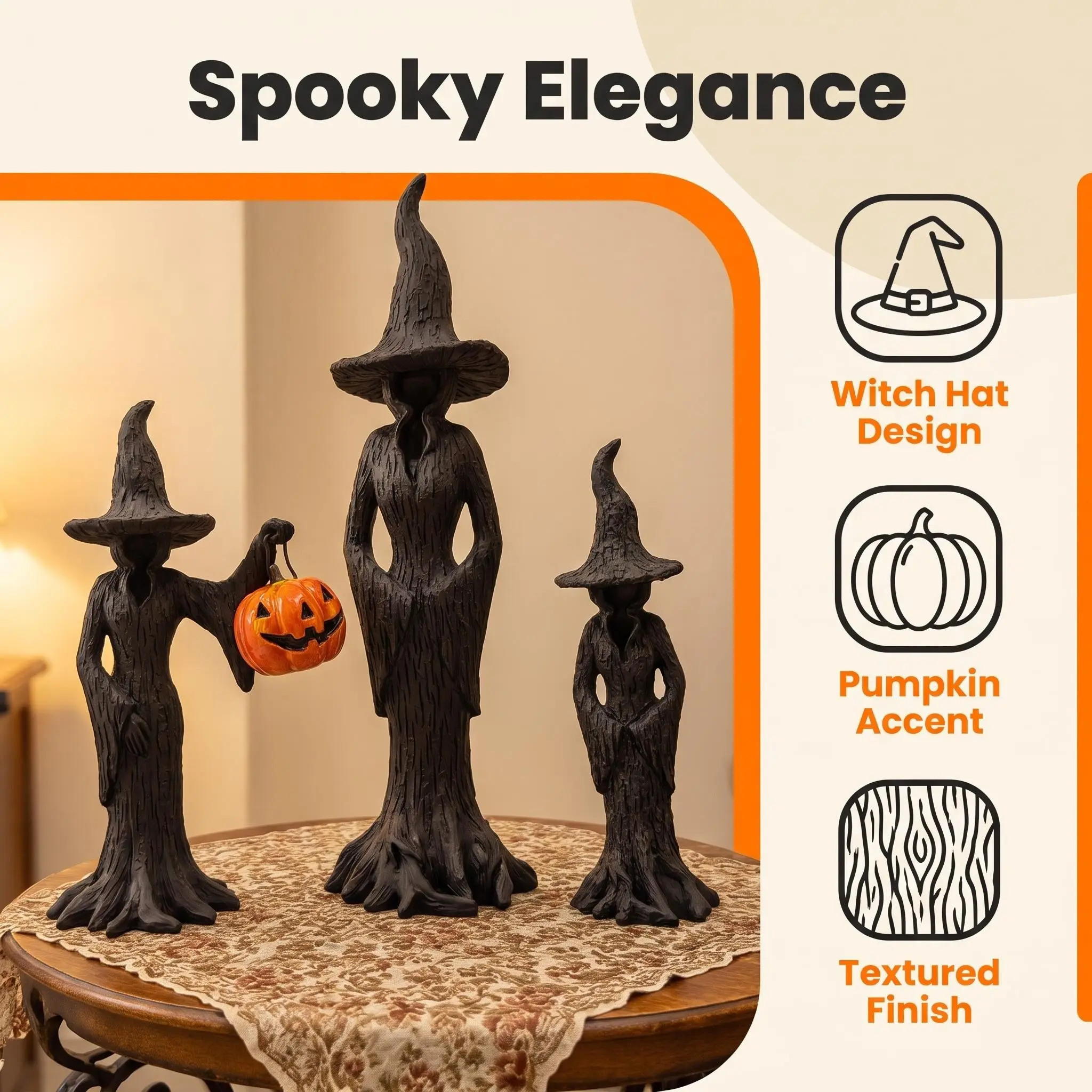 Resin Witch Statue Set, Halloween Tree Bark Witch Sculpture, Pumpkin Lantern, Gothic Style Desk Decor, Home Fireplace, Window, Indoor Party Decor