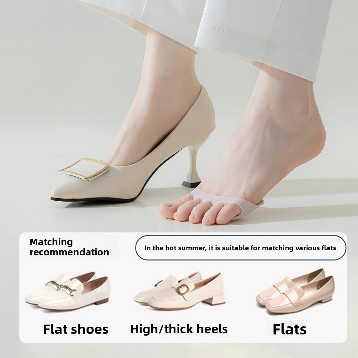 Five-finger suspenders, women's half-foot boat socks cover, thin pure cotton bottom front pad, invisible split-toe high heels, sweat-absorbing and non-slip.