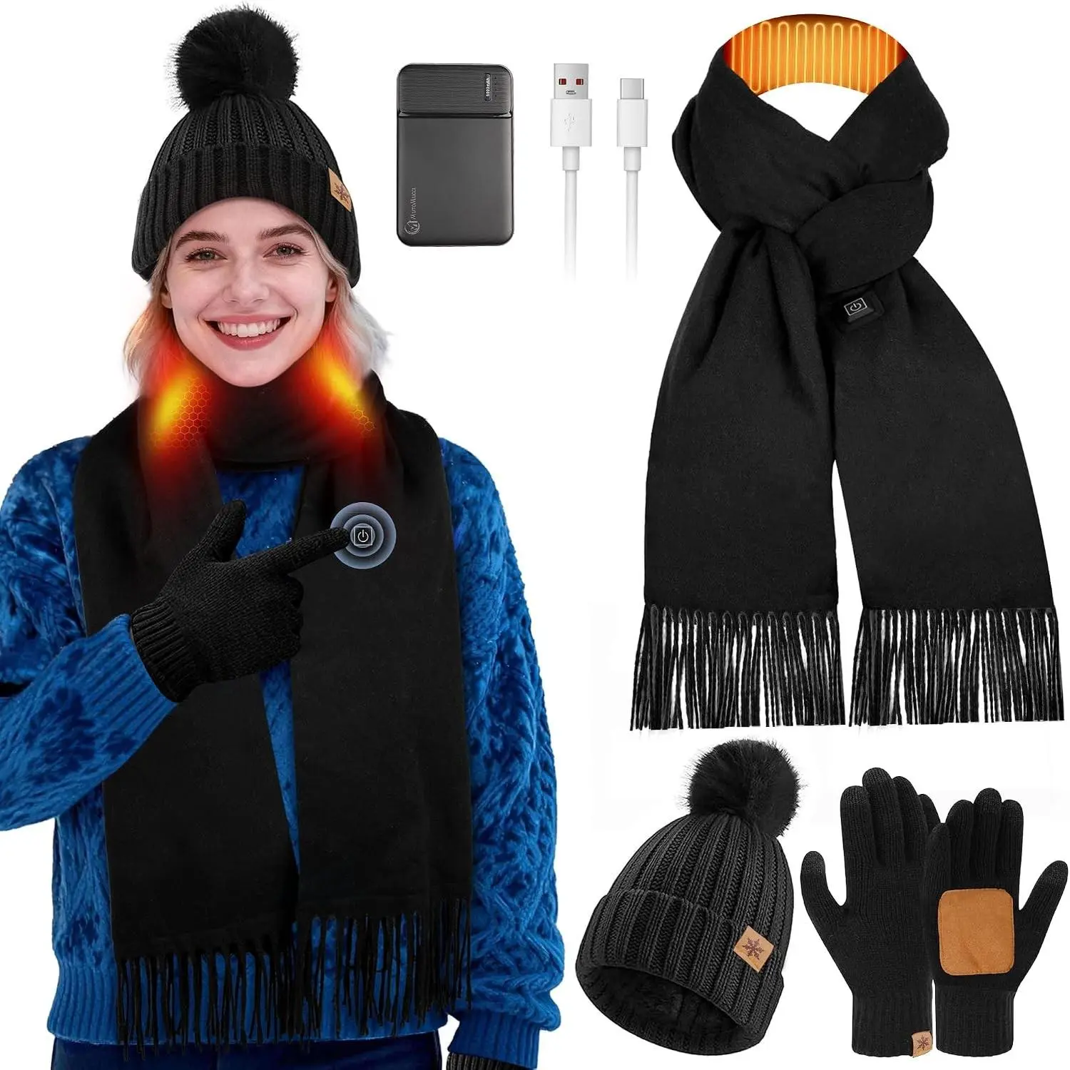 3Pcs Heated Scarf Hat Gloves Set for Women Men USB Rechargeable 5000mAh Battery Neck Warmer 3 Temperature Settings