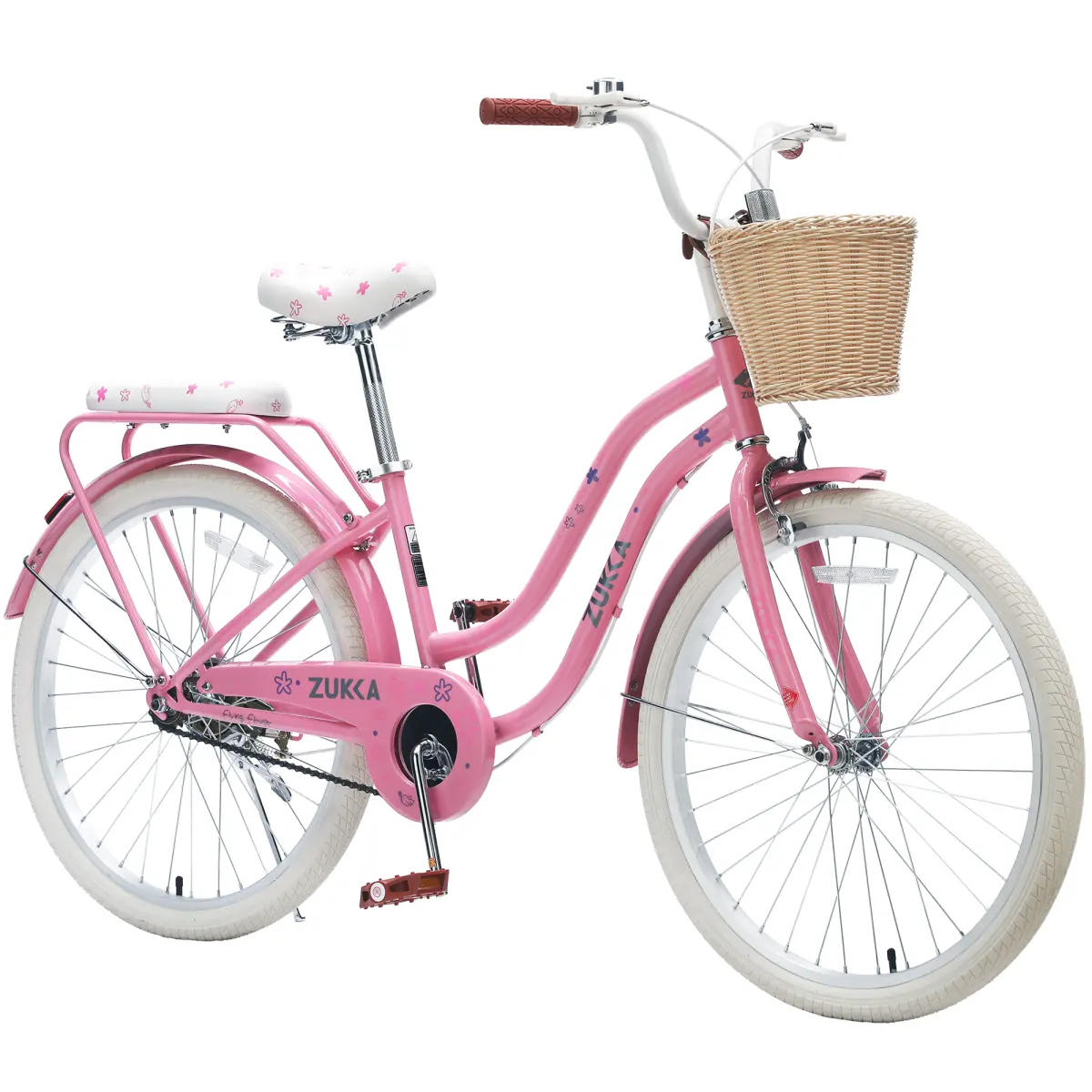 24-Inch Girls' Cruiser Bike - 12+ Years Old, Single Speed Commuter Bicycle, High Carbon Steel Frame, Wicker Basket & Rear Rack Accessories, 31.97 lbs, 40.08 in, 63.39 in Comfort City Bike for Outdoor Riding