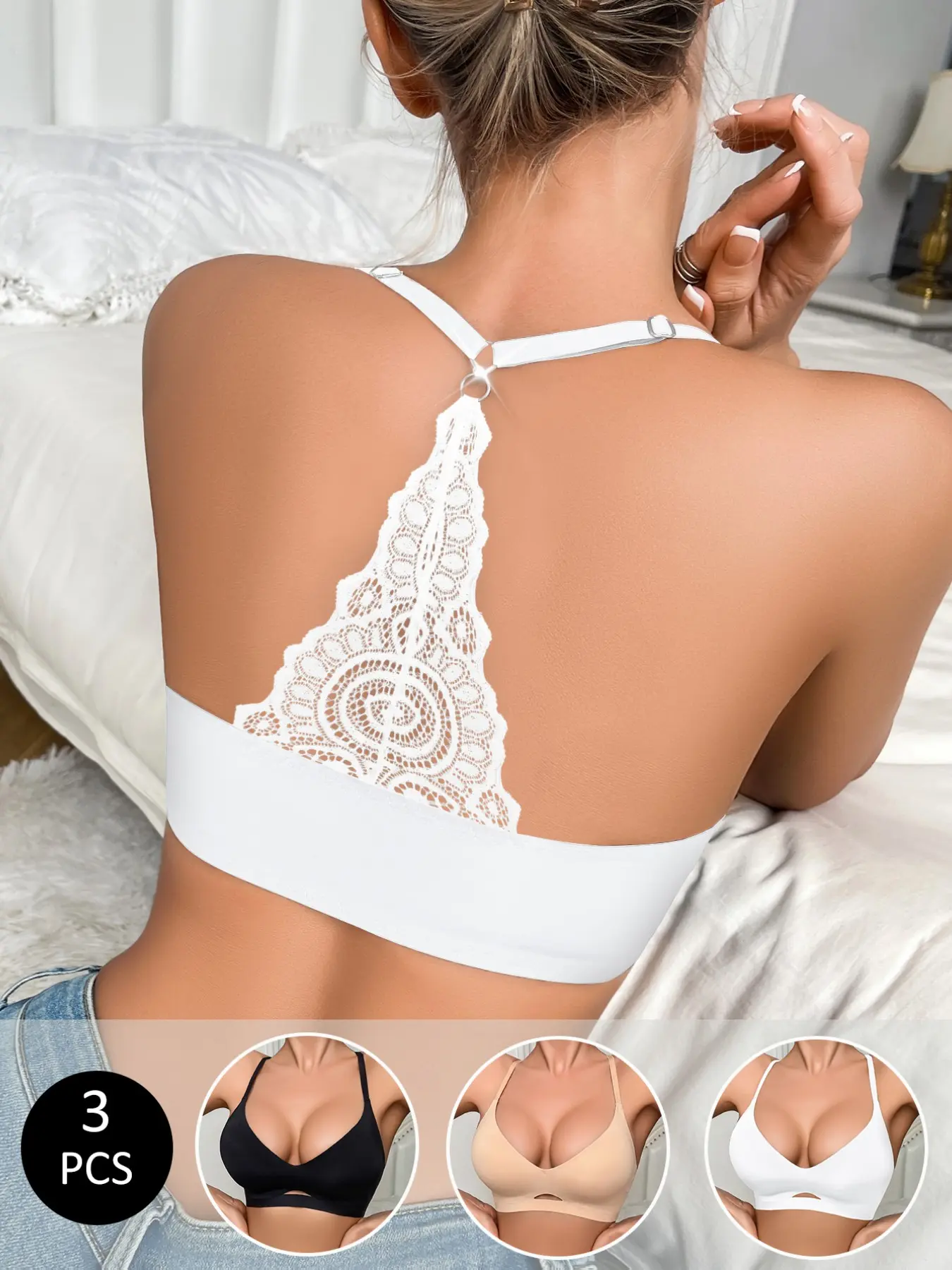 3 Pack Women Lace T-Back Wireless Bralette, Adjustable Thin Strap Medium Support Lined Comfort Bra, Year Round Casual Everyday Undergarment