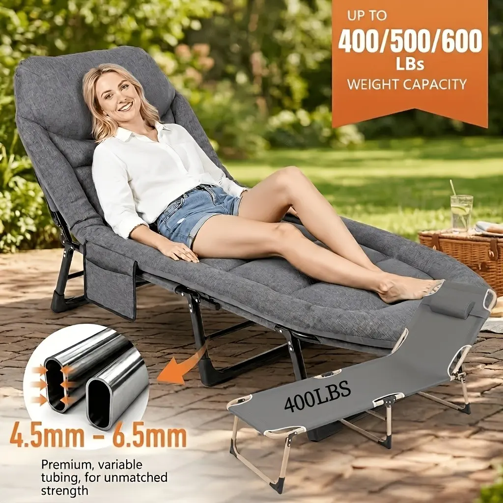 Gray Adjustable Folding Recliner, 400/500/600 Lbs Weight Capacity, Portable Outdoor Sleeper with Side Pockets, (With/Without Mattress Optional), for Patio, Pool, Beach, Camping, Outdoor solely