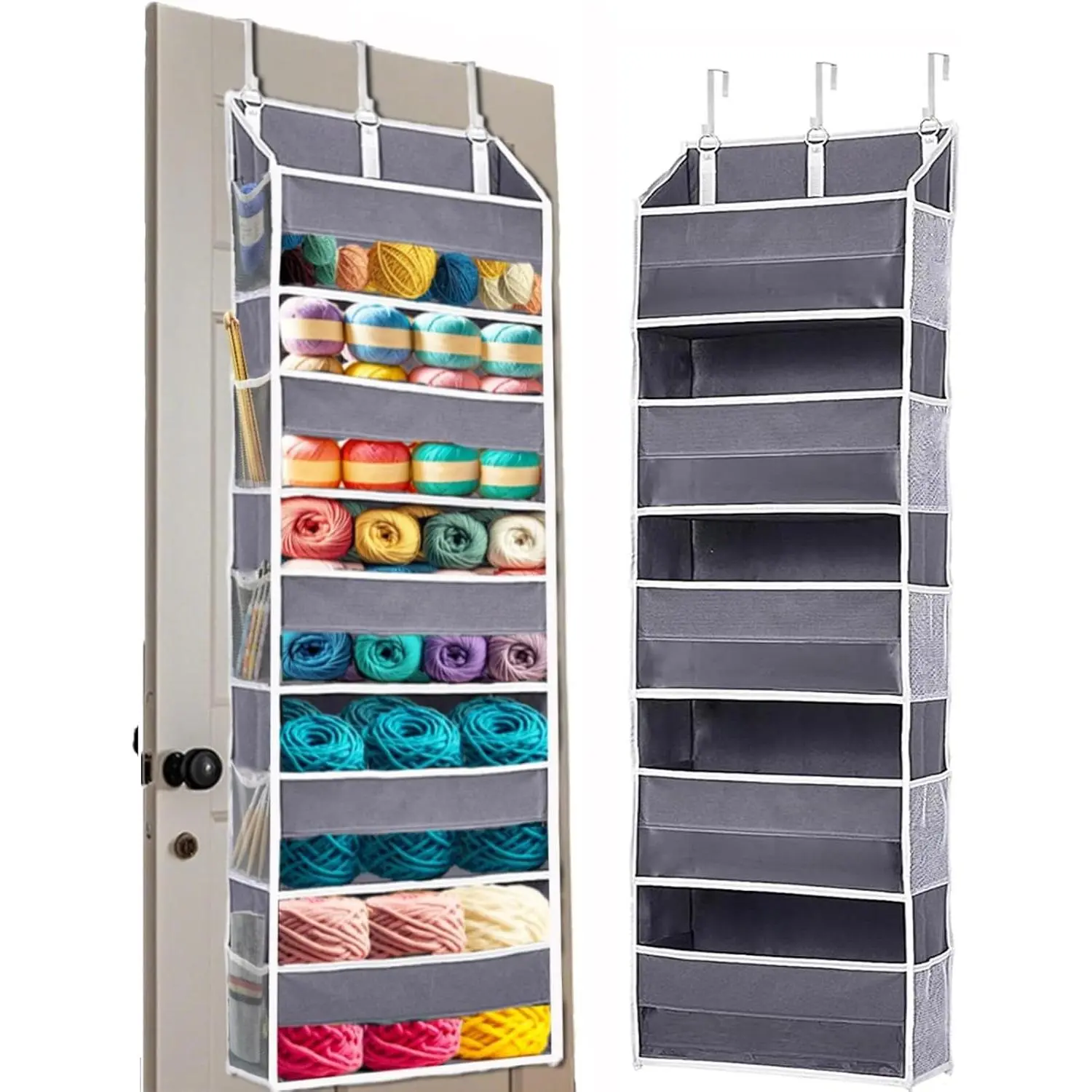 Over Door Yarn Storage Organizer, Large Capacity Yarn Storage Bag with 5 Yarn Ball Storage Pockets & 10 Mesh Side Pockets for Storing Crochet Accessories & Knitting Supplies